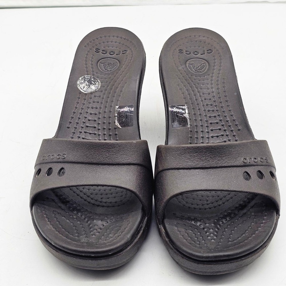 Crocs Wedge Sandals Womens Size 7 Brown Excellent Comfort Slide Heels
